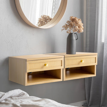 Celerie 15.71" Mid-Century Modern Floating Wall Mounted Nightstand with Soft-Close Rattan Drawer and Cable Hole - JONATHAN Y
